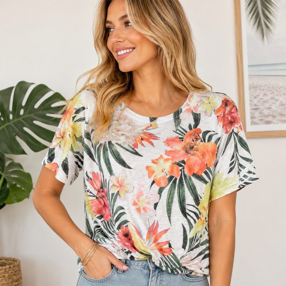 Tryst Womens Large Tropical Hawaiian Floral Knot Front Slub Knit Tee White Multi